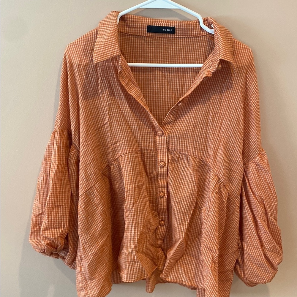 On blue Orange Gingham Button-Front Balloon Sleeve Blouse
